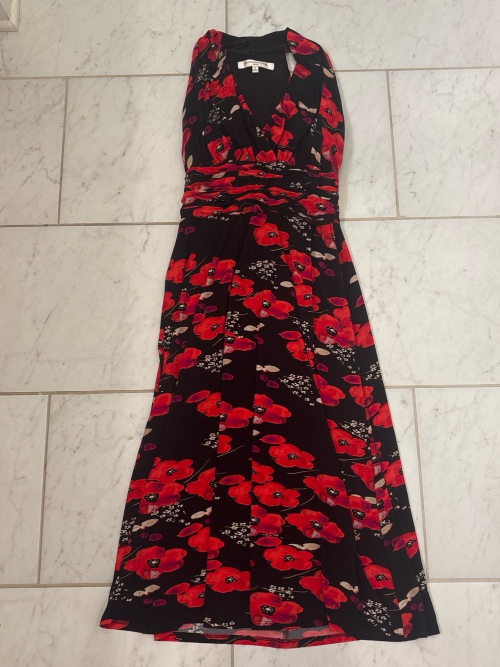 Floral V-Neck Black & Red Maxi Dress